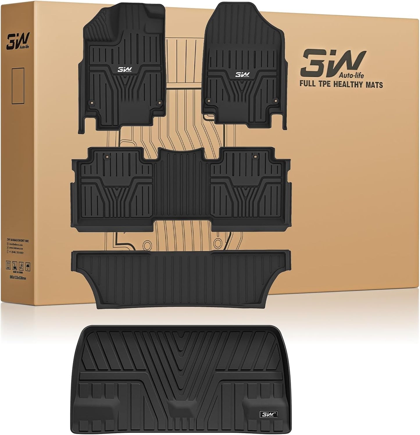 3W Floor Mats & Cargo Liner Fit for Honda Odyssey 2018-2025 2026 Mini Passenger Van, All Weather TPE Floor Liners 1st 2nd & 3rd Rows Car Mats and Trunk Liner Odyssey Car Accessories, Black