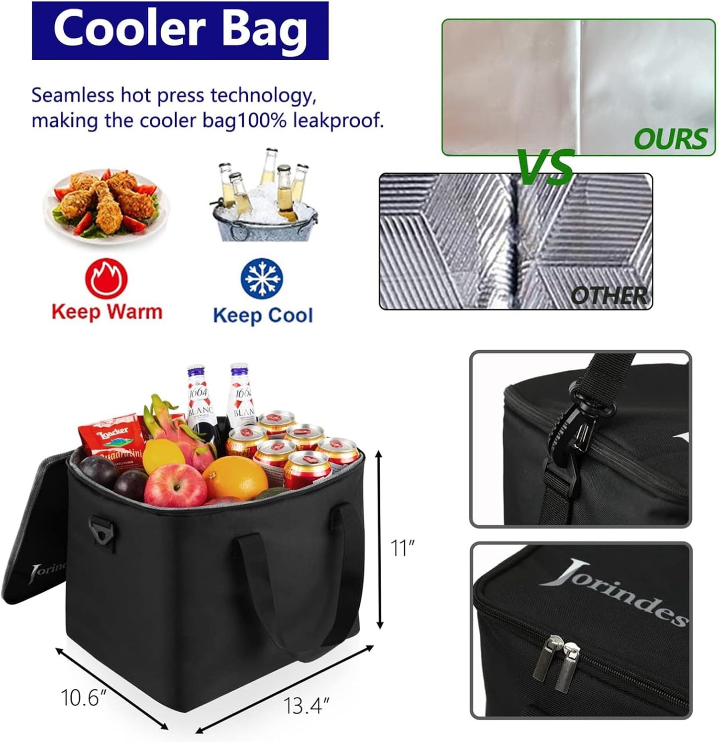 Collapsible Trunk Organizer for Car with Insulated Leak proof Cooler Bag, 3 Compartments SUV Cargo Organizer Removable Dividers, 5 in1 Car Storage Organizer with Foldable Lid,2 Tie-Down Straps(Black)