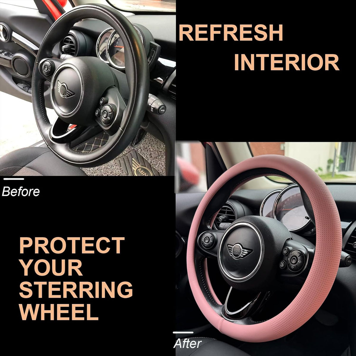 PINCTROT Large Size Nappa Leather Steering Wheel Cover 15.75In (Nappa Pink)