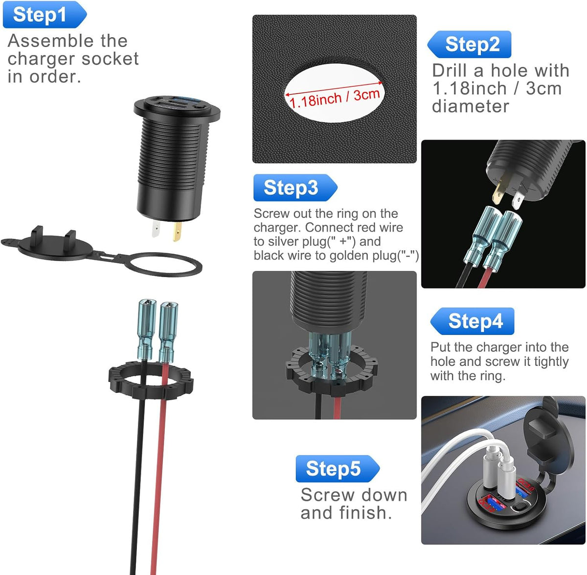 2 Pack Red 12V USB Outlet Dual PD 30W USB C Port and Dual USB QC 3.0 Port with Power Switch, 78W Multiport Car Charger Socket Waterproof DIY Accessories for Car Boat Marine Motorcycle RV ATV