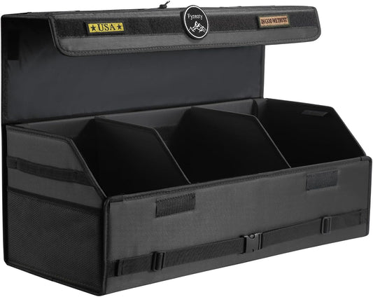 Fyzeoty Car Trunk Organizer for SUV and Sedan, Tactical‑Black, 29.5 in | Tactical & Aerospace Oxford, Extra‑Large, Hinged Lid, Collapsible & Adjustable, Water‑Resist & Dust‑Proof