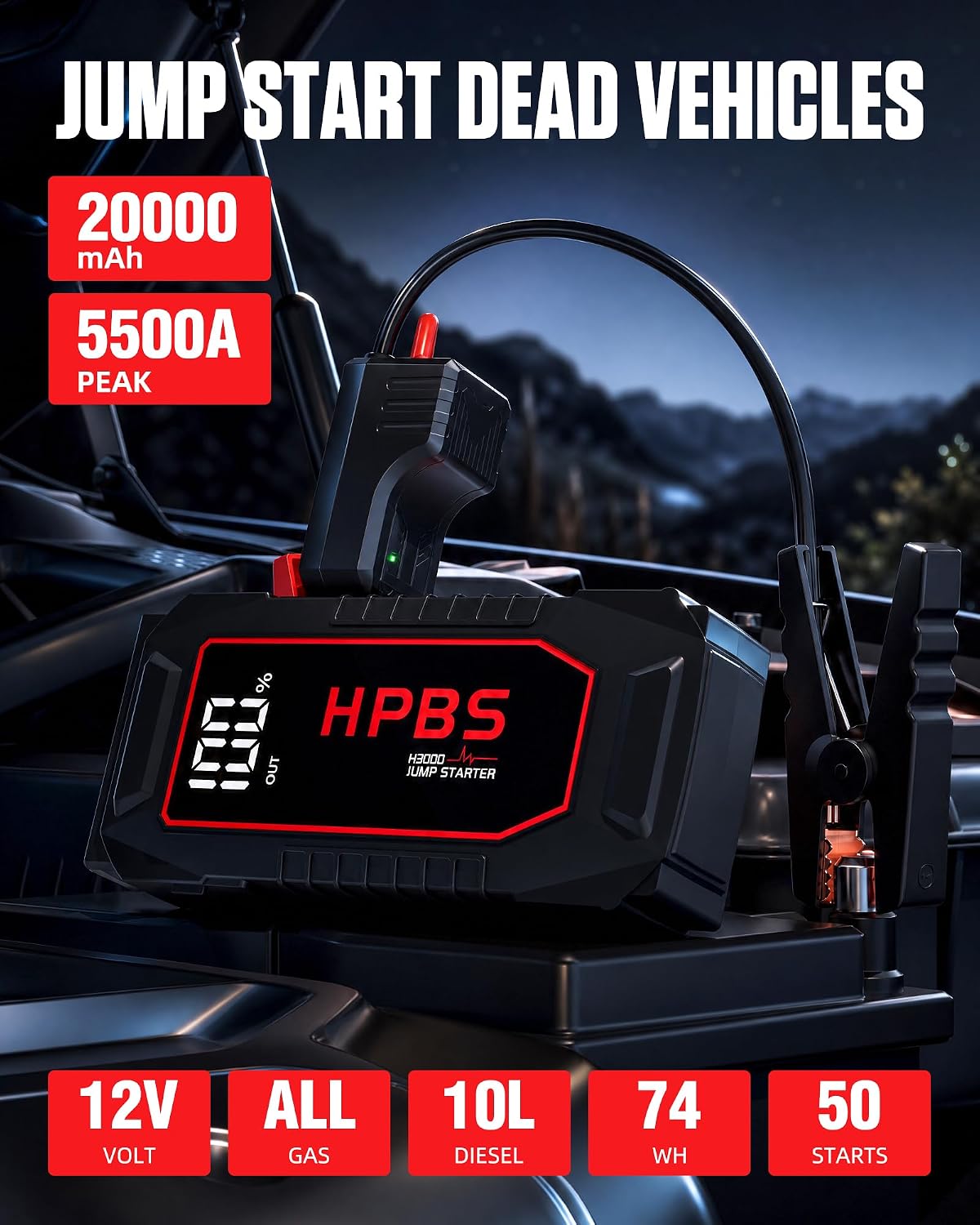 Car Battery Jump Starter, 5500A Peak Jump Starter Battery Pack for Up to All Gas and 10L Diesel Engines, 12V Portable Jump Starter Box with 3.0" LCD Display(Red)