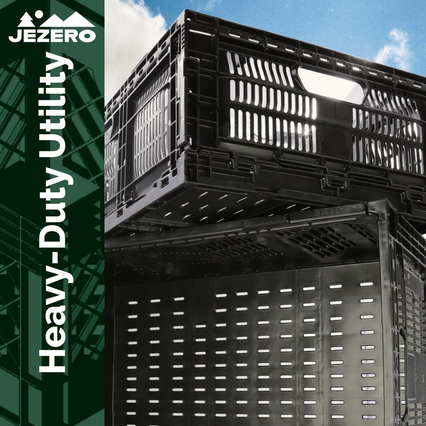 JEZERO Medium Collapsible Plastic Storage Crate – Stackable Utility Bin with Folding Walls for Garage, Closet, Car Trunk, and Home Organization | Black, 24" x 16" x 8"