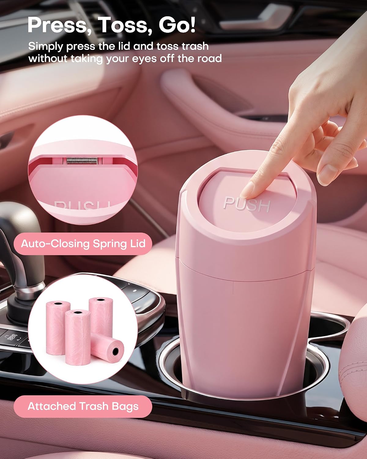 HOTOR Car Trash Can, Pink Car Garbage Can with Lid, Bonus Bags, L(2 Pack)