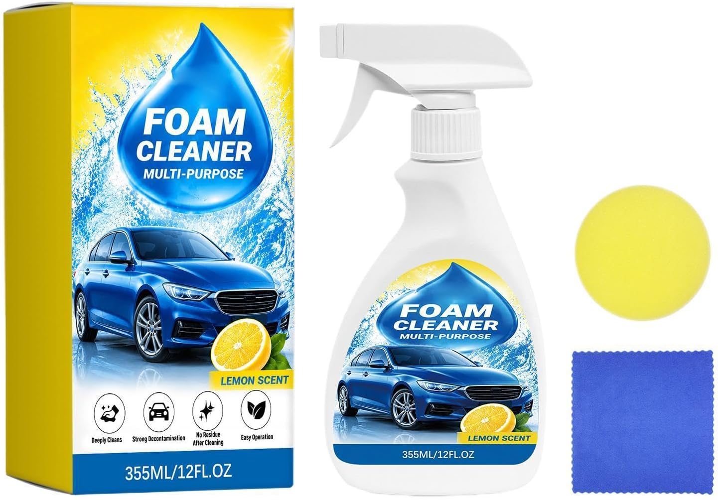Foam Cleaner for Car 355ML Fruit Fragrance Seat Detailing Spray | with Sponge and Towel No Rinsing Car Seat Cleaner for Truck SUV RV Trailer Kitchen Upholstery Carpet Fabric