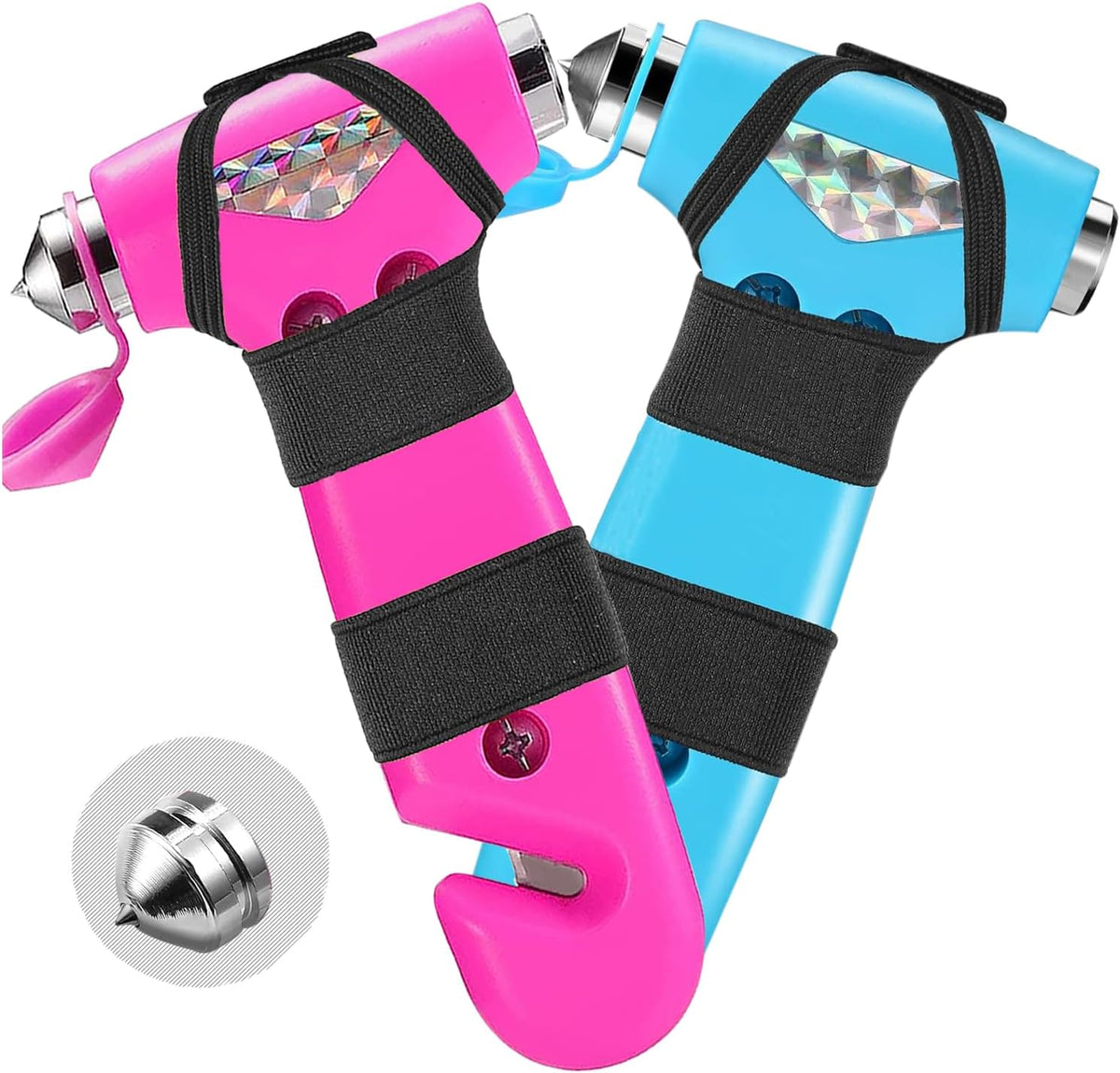 2 Pack Car Safety Hammer, 3-in-1 Emergency Escape Tool Window Breaker and Seat Belt Cutter with Light Reflective Tape for Family Safety Emergency Car Escape Tool（Pink Blue）