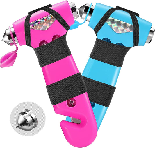 2 Pack Car Safety Hammer, 3-in-1 Emergency Escape Tool Window Breaker and Seat Belt Cutter with Light Reflective Tape for Family Safety Emergency Car Escape Tool（Pink Blue）