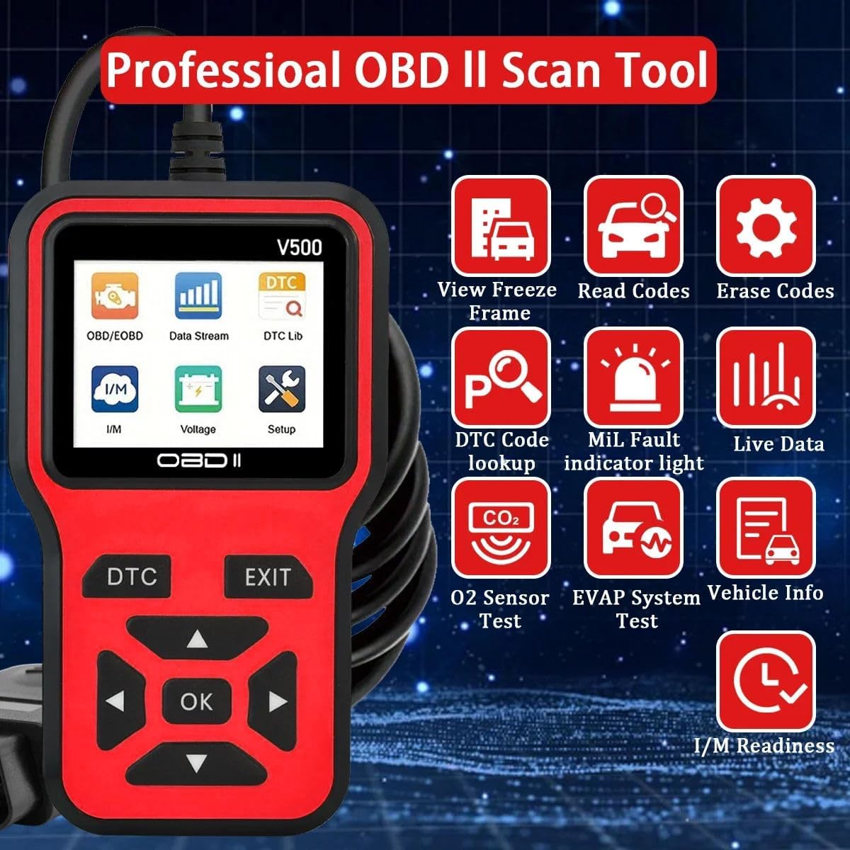 V500 OBD2 Scanner Diagnostic Tool, Professional Code Reader with Live Data Stream, DTC Lookup, I/M Readiness, O2 Sensor Test, EVAP System Test, Vehicle Info Display