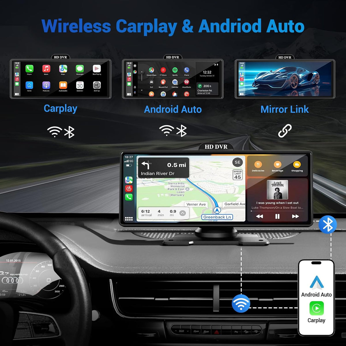 10.26" Wireless Apple Carplay Screen for Car with 4K Dash Cam