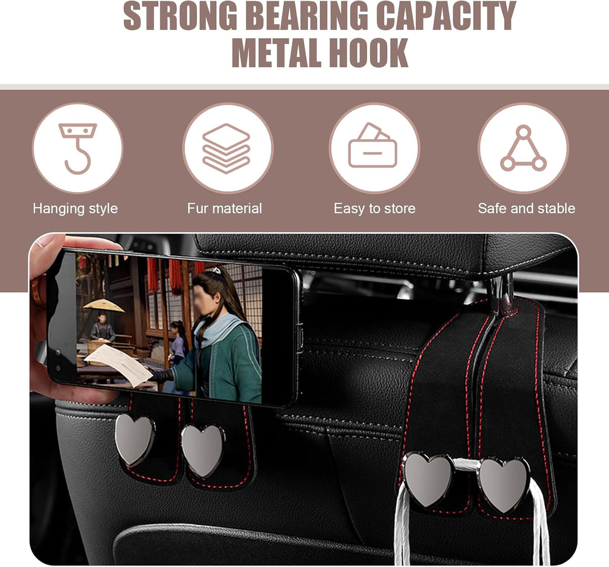 2 PCS Car Seat Headrest Hook, Car Hooks for Headrest, Storage Double Heart Shape Hooks, Suede Foldable Soft Hook Organizer, Universal for Cars (Black)