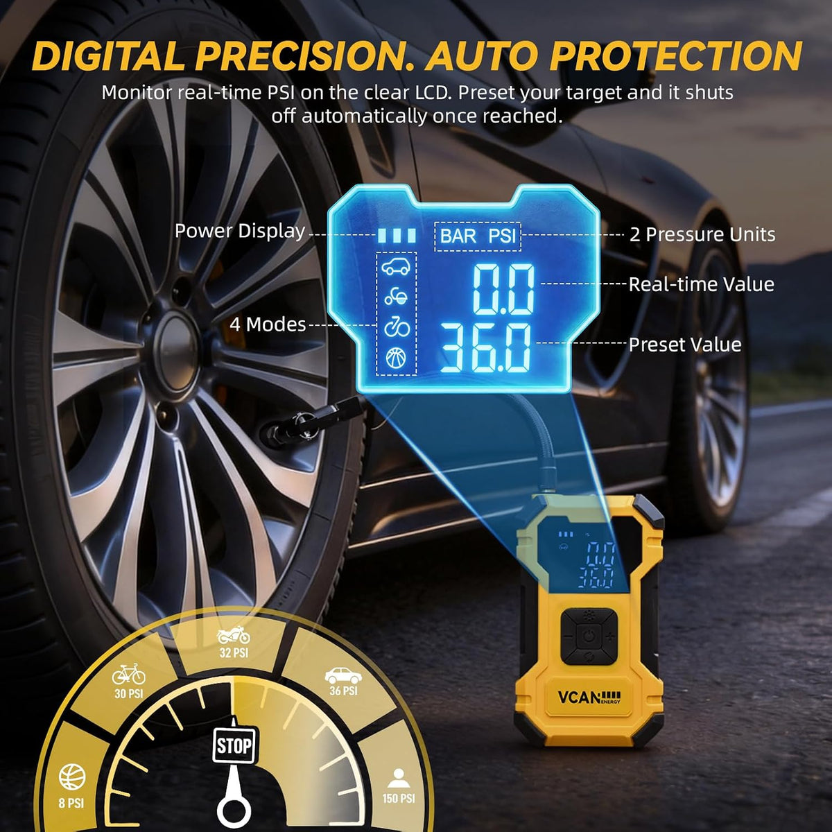 Flat Tire Repair Kit with Air Compressor, 150PSI Portable Air Pump with Auto-Stop & LED, Heavy Duty Tire Plug Kit for Car, SUV, Truck, Jeep, Motorcycle, Roadside Emergency Assistance (YELLOW)