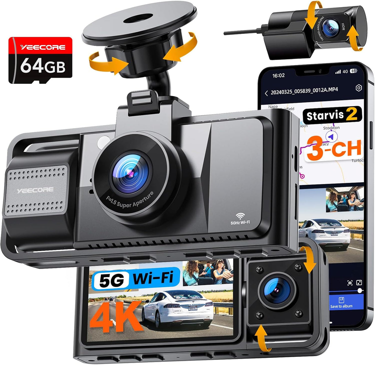 Real 4K 3 Channel Dash Cam, STARVIS2 Sensor HDR, 64GB Card, 5.8GHz WiFi GPS