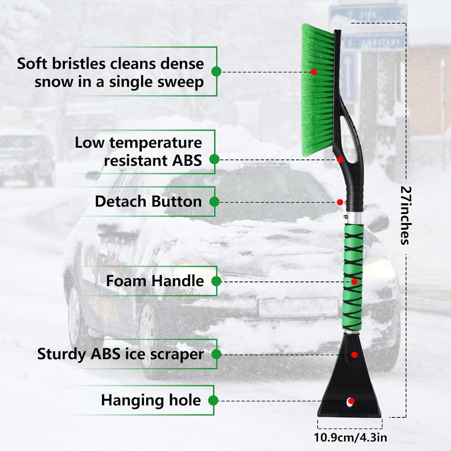 2 Pack Ice Scrapers with Snow Brush, 27 Inch Snow Remover for Car Windshield and Door, Detachable Ice Shovel Tool with Ergonomic Foam Grip, Winter Accessories for Car
