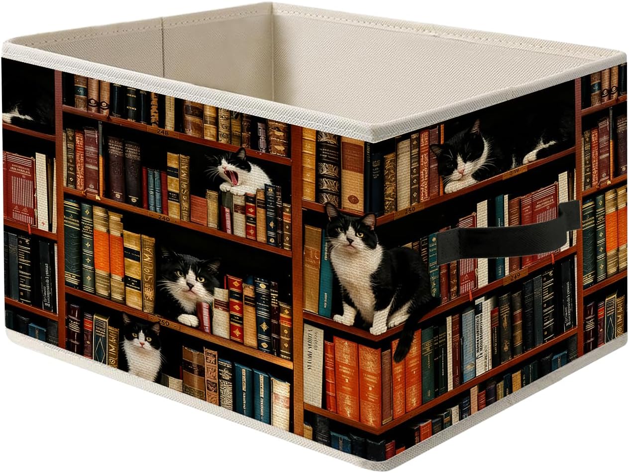 Vintage Book Lovers Storage Bin Box with Handles, Retro Bookish Foldable Organizer Basket for Reading Corner Room Library Bedroom Bathroom Home Clothes Books, Set of 2