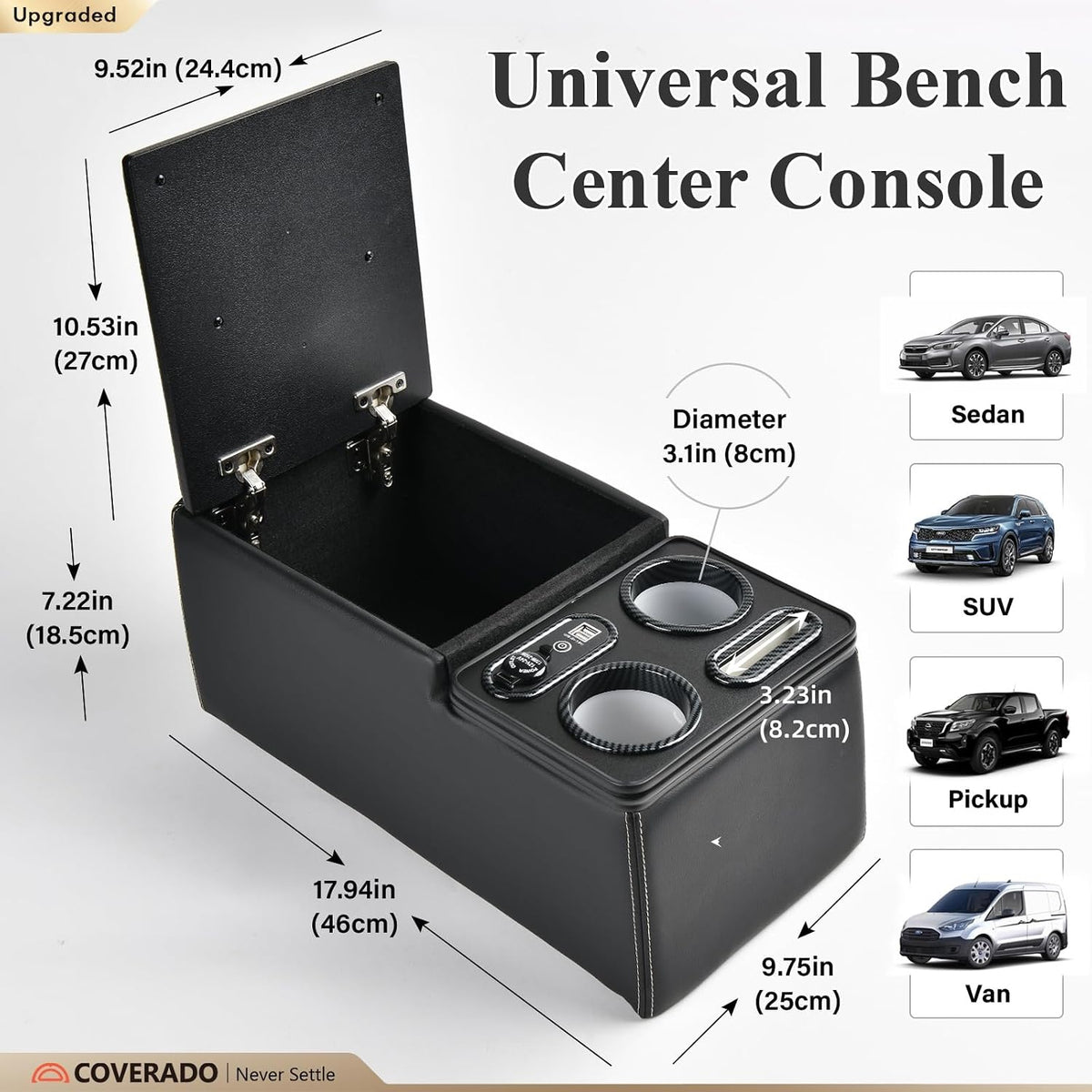 Coverado Car Center Console, Universal Rear Bench Seat Console, Back Seat Car Organizer, Automotive Center Console with Cup Holder & Phone Holder, Central Armrest Box (Update, Black)