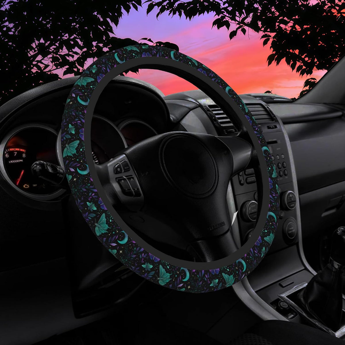 Mystical Luna Moth Steering Wheel Cover for Women Men Neoprene Breathable Moon Botanical Wheel Cover Protector Anti-Slip Car Accessories Universal 15 Inch Fit for Cars Trucks Vehicles