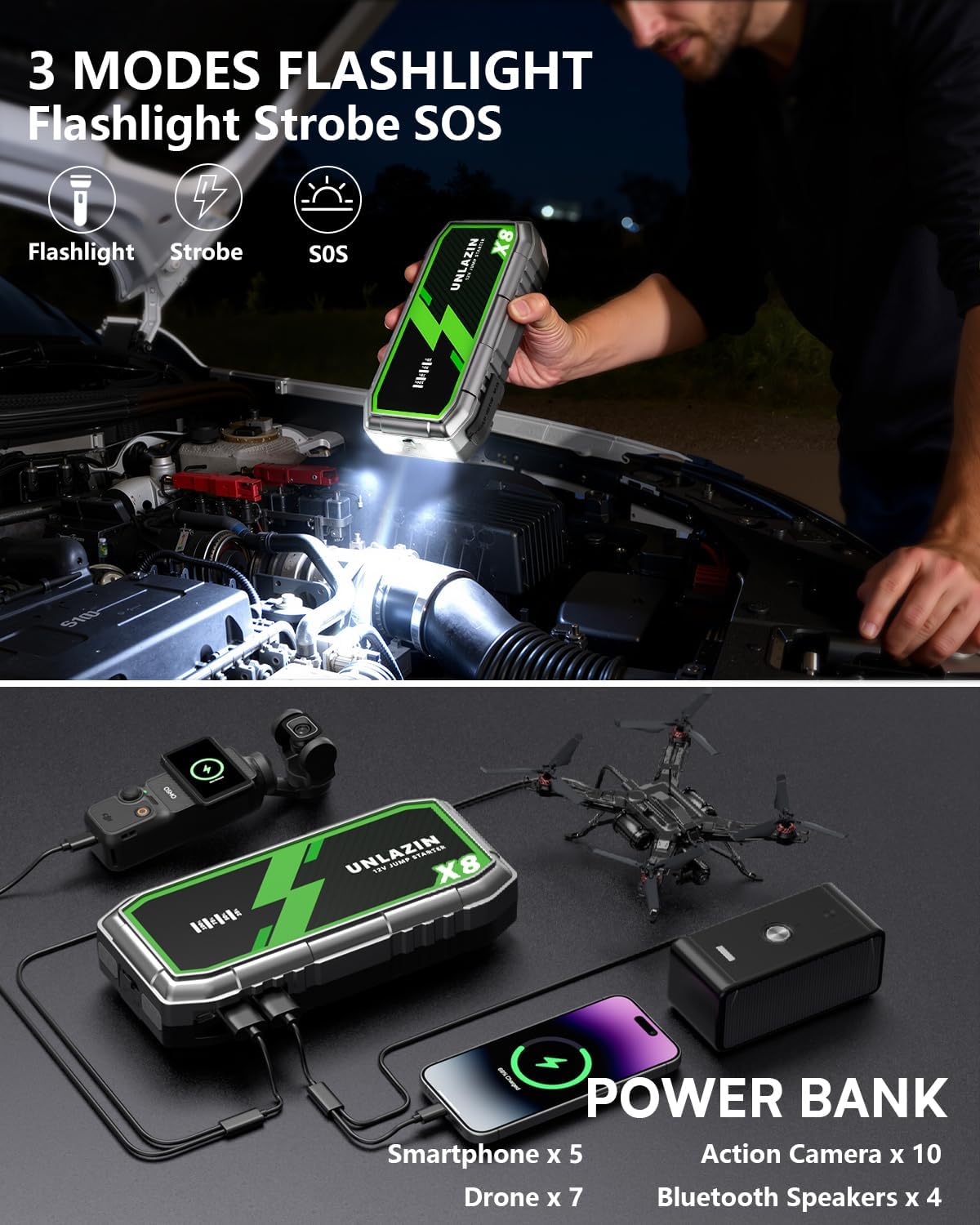 X8 10000A Portable Jump Starter with Force Start, All Gas & Diesel Engines