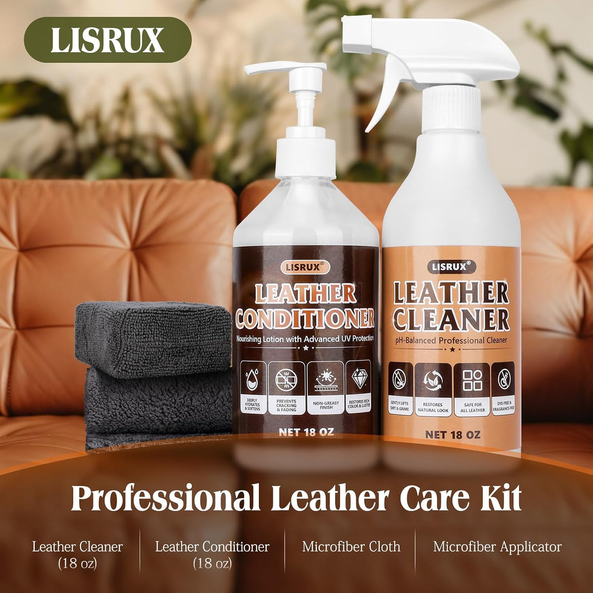 Leather Cleaner and Conditioner Kit for Cars & Home, 2 X 18 Oz, pH‑Balanced