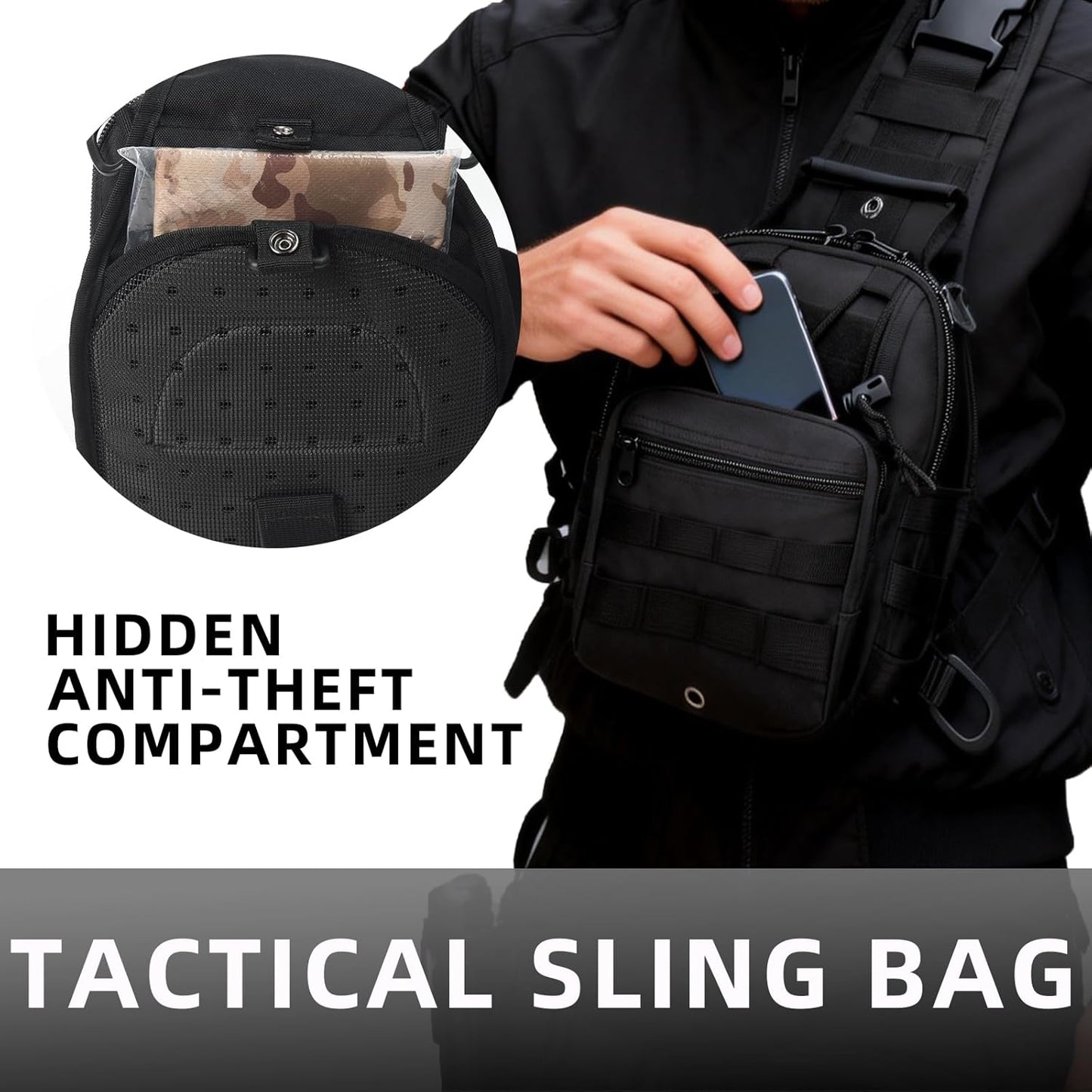 J.SH Tactical Sling Bag, Military MOLLE System Crossbody Bag, Waterproof Durable High-Density Nylon Material, 4-in-1 Carry Design, for Hiking, Cycling, Travel, Commuting, Outdoor and EDC - Black