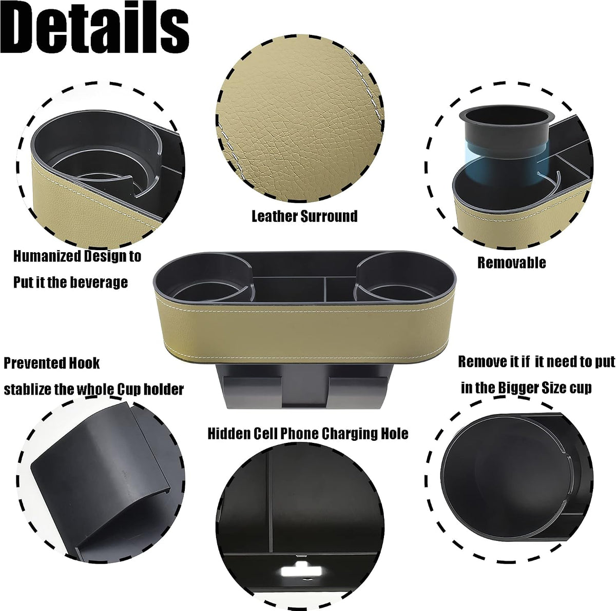IOKONE Car Cup Holder, Auto Front Seat Organizer, Multifunctional Cup Drink Holders with PU Leather Cover, Gap Filler Storage Box Coin Bucket Console Side Pocket Cell Mobile Phone Holder(Slim-Beige)