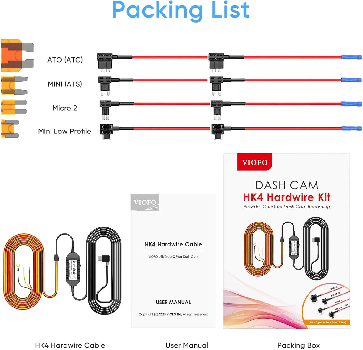 VIOFO HK4 Hardwire Kit with 8pcs Full Set Circuit Fuse Tap, Type-C Port, for A329 series/A229 series/A119Mini2/A139Pro/WM1/T130 Dash Cam