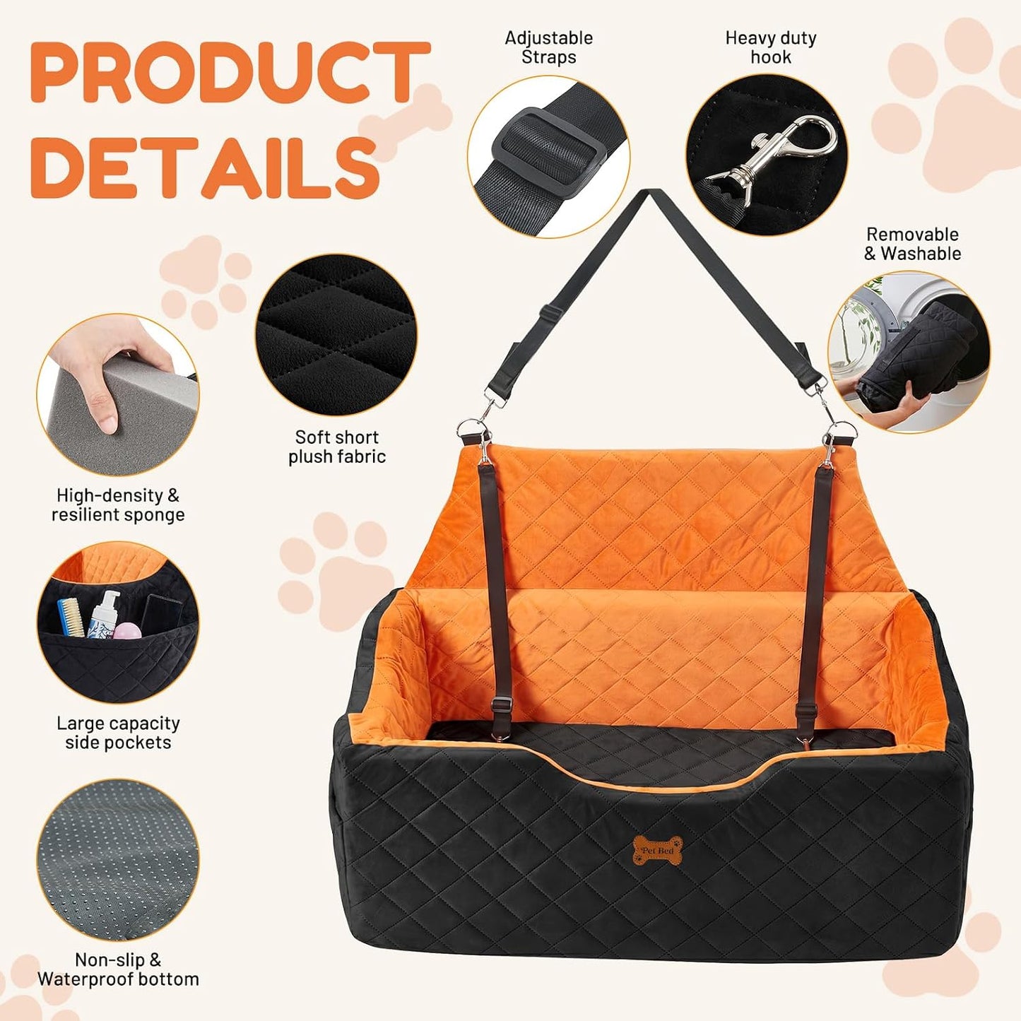 Dog Car Seat for Large Medium Dogs up to 55 lbs, Memory Foam Dog Booster Seat with Storage Pocket, 2 Safety Leashes,Washable Cover, Portable Anxiety Pet Travel Bed, Black