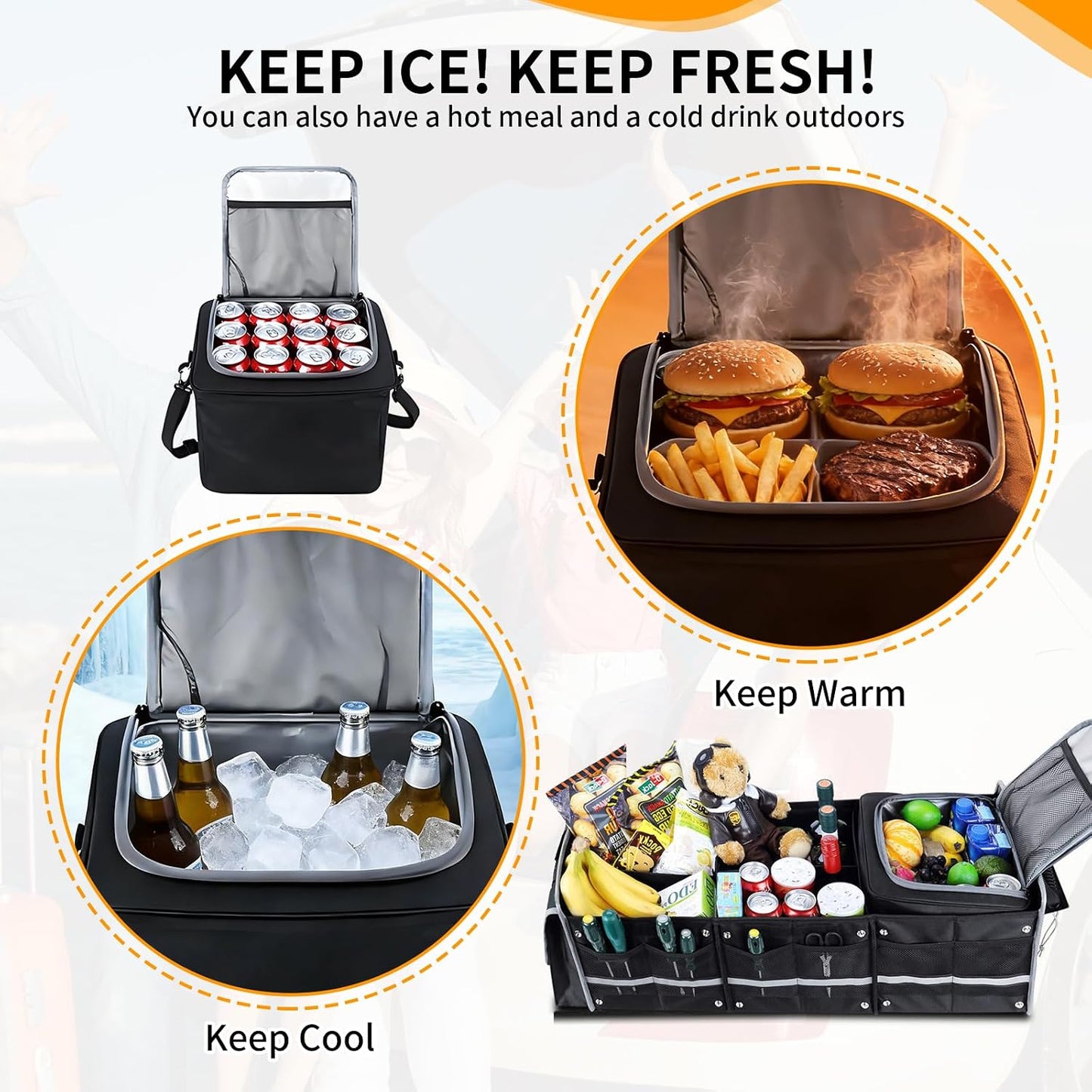 Car Trunk Organizer with Cooler Bag, Collapsible Multi-Compartment Storage Organizer for SUV Truck, Durable Car Cargo Organizer for Groceries Camping Travel