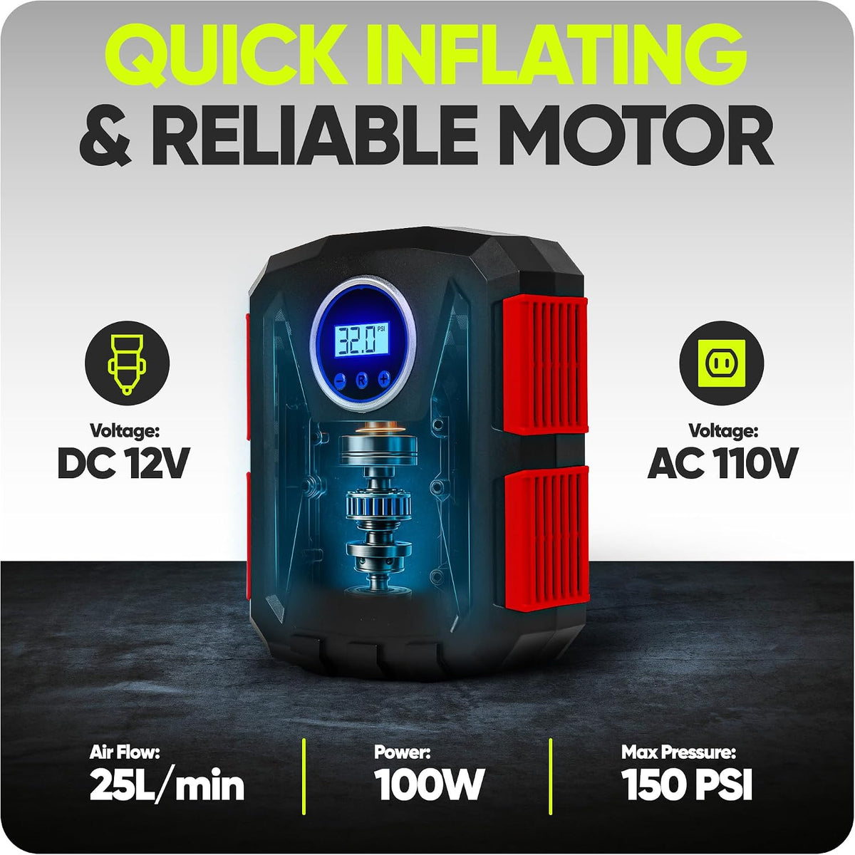 FORTEM Tire Inflator Portable Air Compressor, Air Pump for Car Tires and Bikes, Car Tire Pump w/Auto Shut Off, 150 PSI, 110V AC 12V DC, LED Light, Carrying Case, Perfect for Men, Women