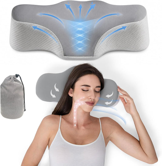 Bespilow Travel Cervical Pillow for Bed Sleeping, Small Memory Foam Neck Pillow with Cooling Washable Cover, Compact Ergonomic Neck Support Pillows for Car Camping, RV, Road Trip & Passenger Seat