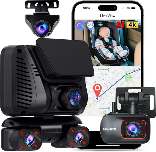 4K Dash Cam,5 Channel 360° View,AI Adas System,Free 128G Card,GPS