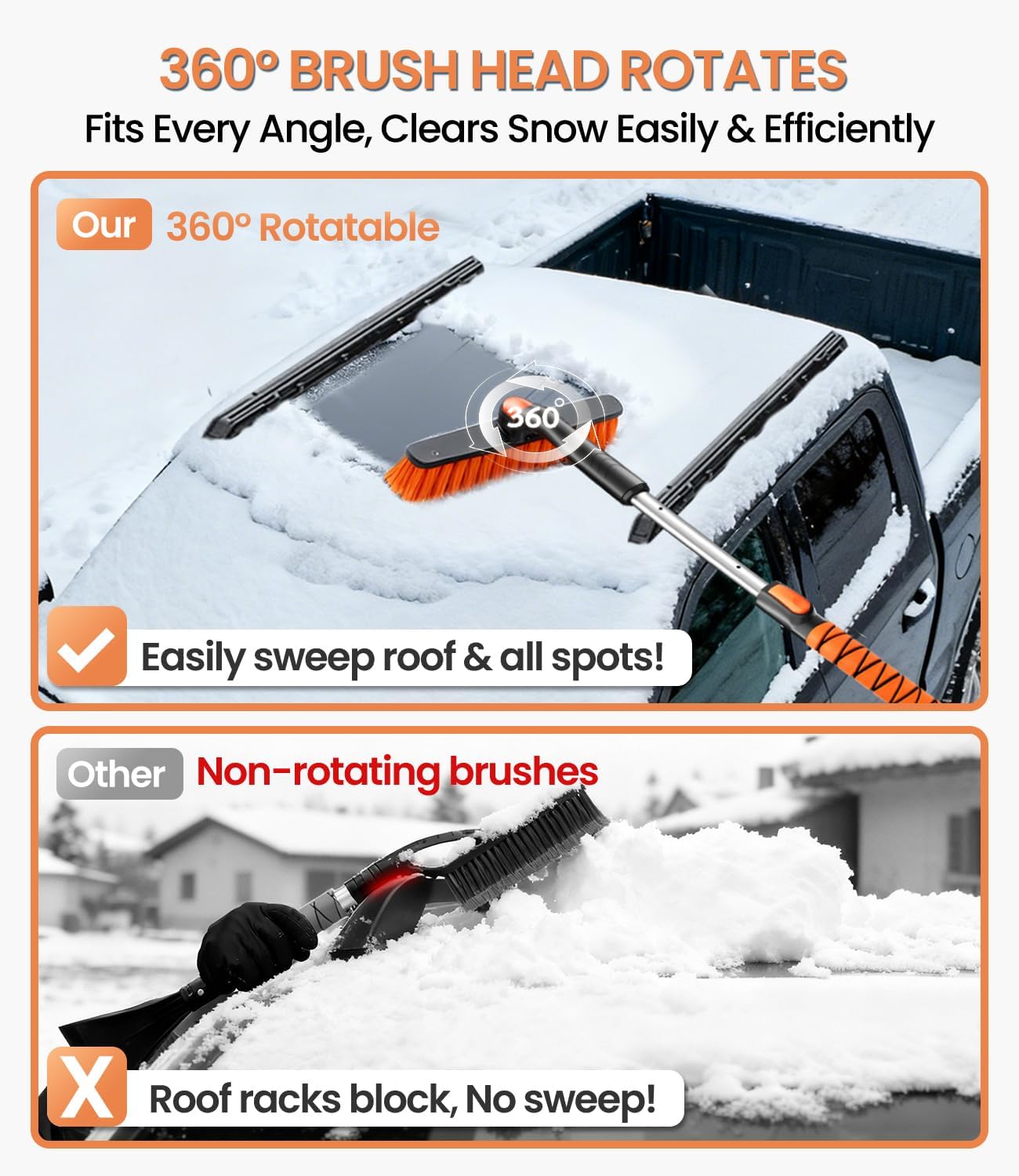 Zanch 2025 Upgrade Extendable 3-in-1 Car Snow Brush and Ice Scraper [45" Extendable Handle] with 360° Rotating Brush Head for Car Windshield Clear Snow, Ice and Frost, for All Cars/Truck/SUV