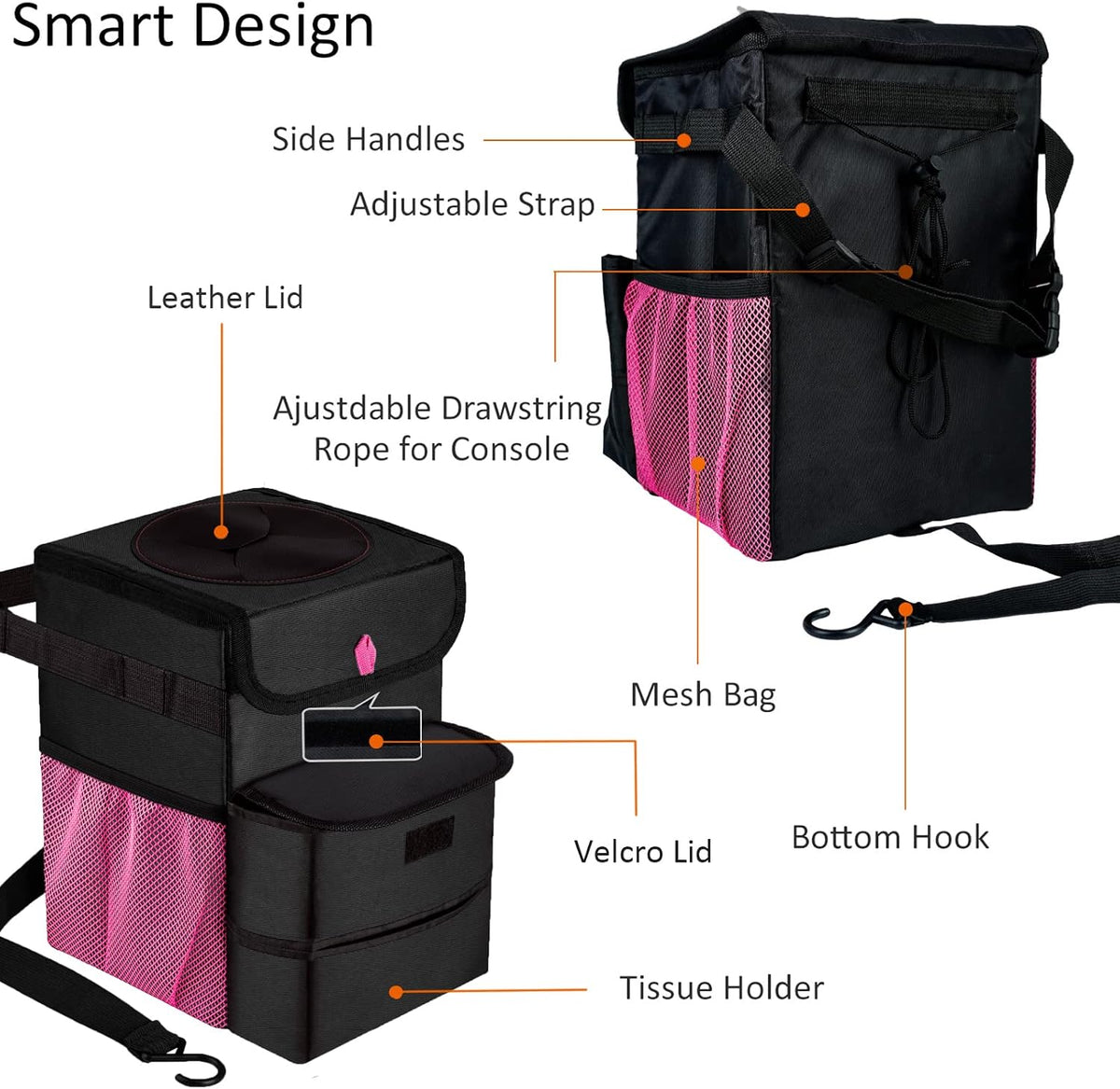 Car Trash Can Foldable Garbage Bin Leakproof 3 Gallons Black Pink