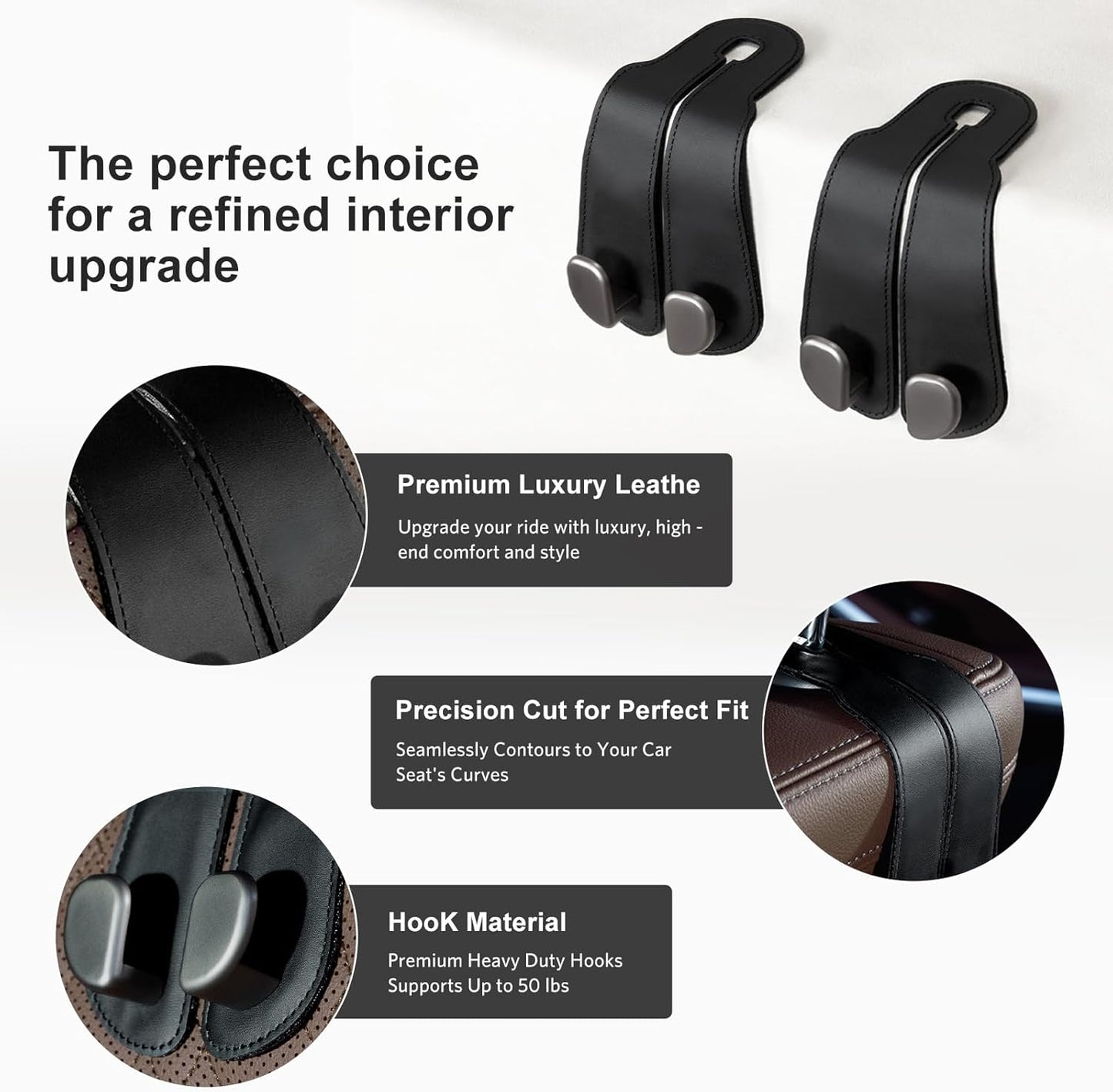 CoBak Purse Hook for Car - Universal Premium Stitched Leather and Aluminum-Magnesium Alloy Double Car Seat Back Storage Hook for Purses, Handbags, Bags (4 Pack),Black