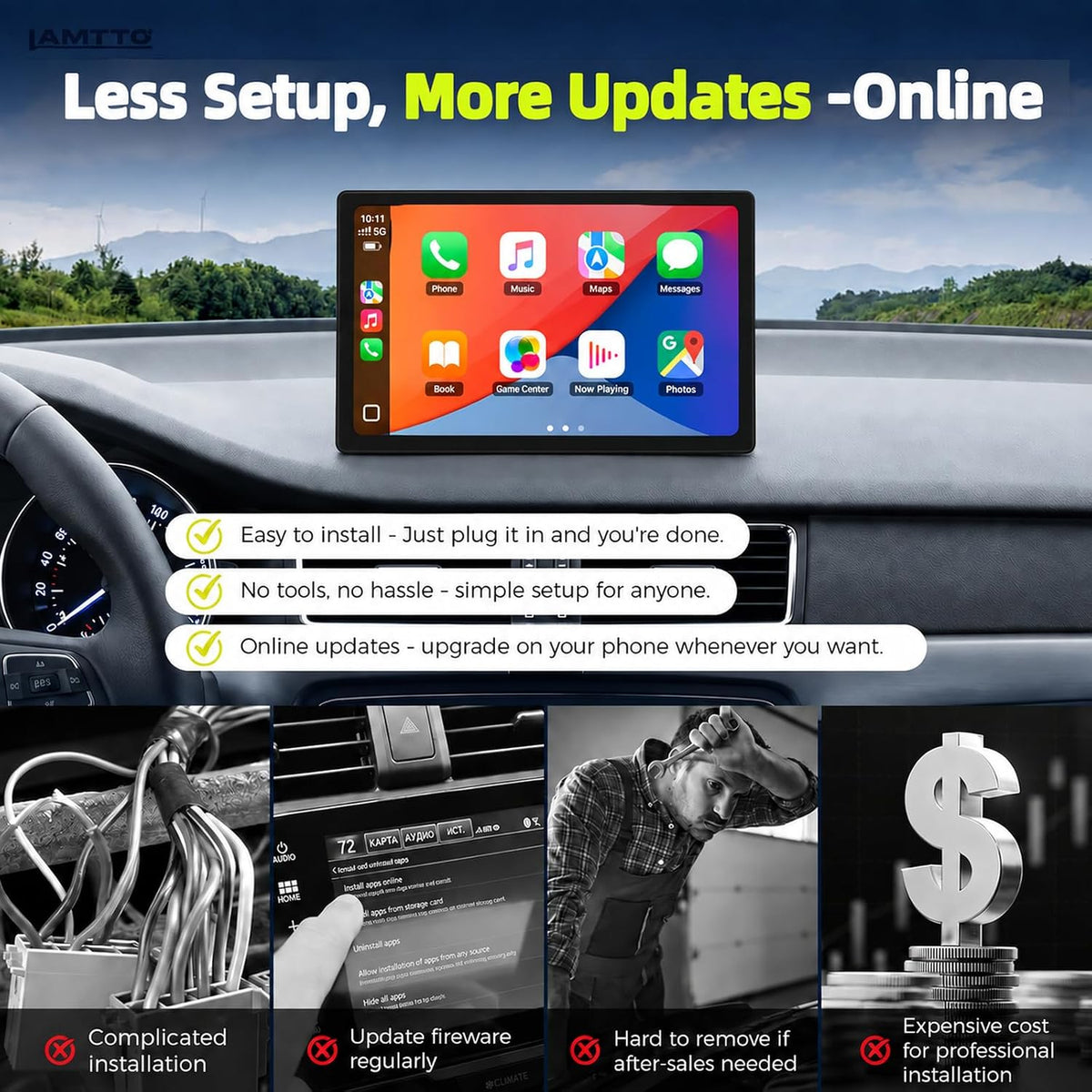 LAMTTO 10.1" Wireless CarPlay & Android Auto Screen for Car