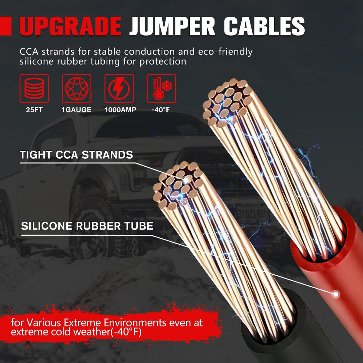 FIERYRED 1 Gauge 25 FT Quick Connect Jumper Cables, 1000A Heavy Duty Booster Cables with Travel Bag，Battery Jumper Cable for Truck, Diesel Trucks, SUV and Car