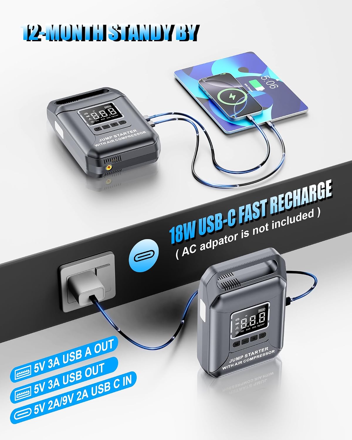 Car Battery Jump Starter with Air Compressor Portable 8000A 160PSI