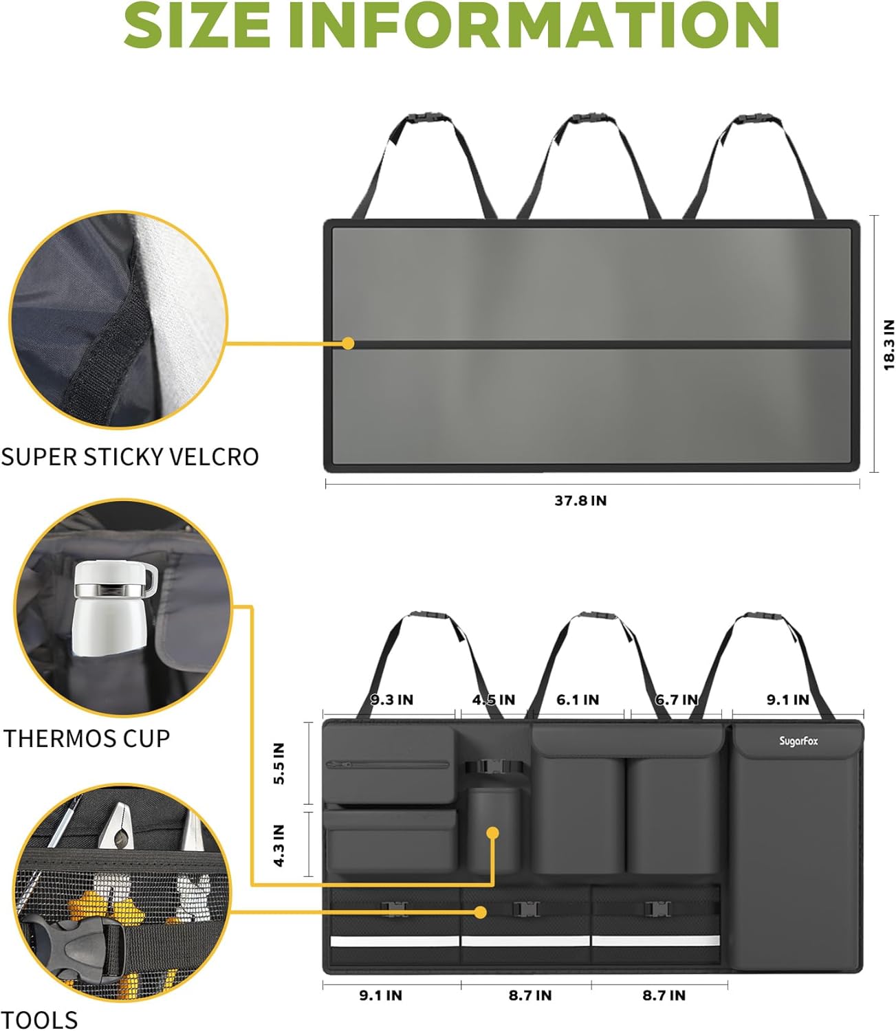 SugarFox Backseat Hanging Trunk Organizer for SUVs, Cars, Trucks & MPVs | Multi-Pocket Storage with Anti-Slip Straps | Space-Saving Auto Accessory | Gift for Drivers | Black, 37.8" x 18.1" - K230