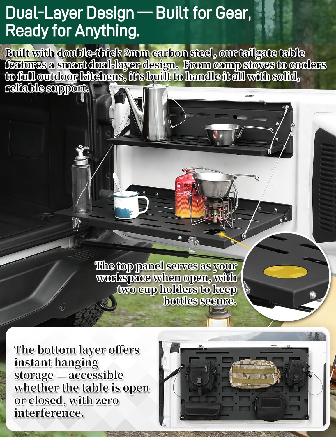 JROAD Bronco Double Layer Tailgate Table for 2021 2022 2023 2024 2025 2026 Ford Bronco 2/4 Door Rear Foldable Cargo Shelf Storage Shelf MOLLE Panel Bronco Accessories