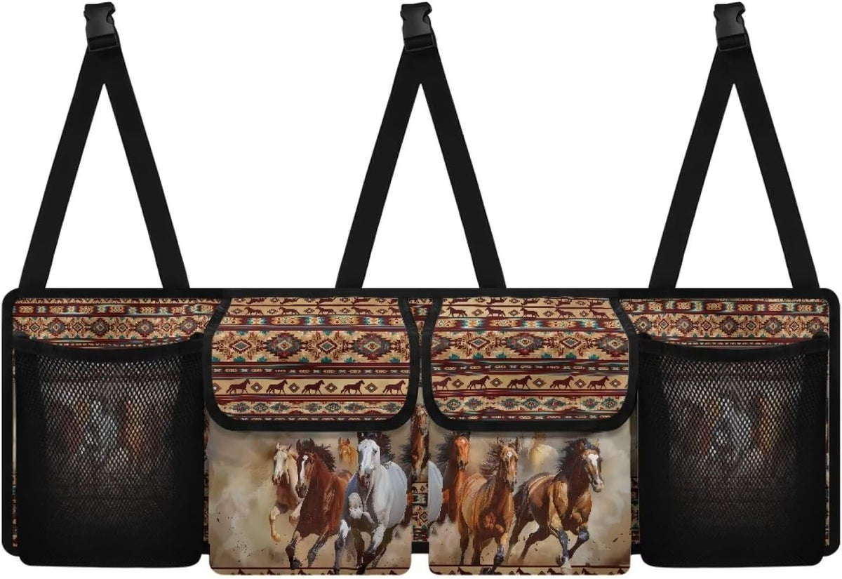 Aztec Tribe Car Trunk Organizer,Backseat Hanging Organizer with 4 Large Storage Bag Super Capacity,Horse Brown Waterproof Trunk Storage Bag for SUV Not Easy to Fade Machine Washable