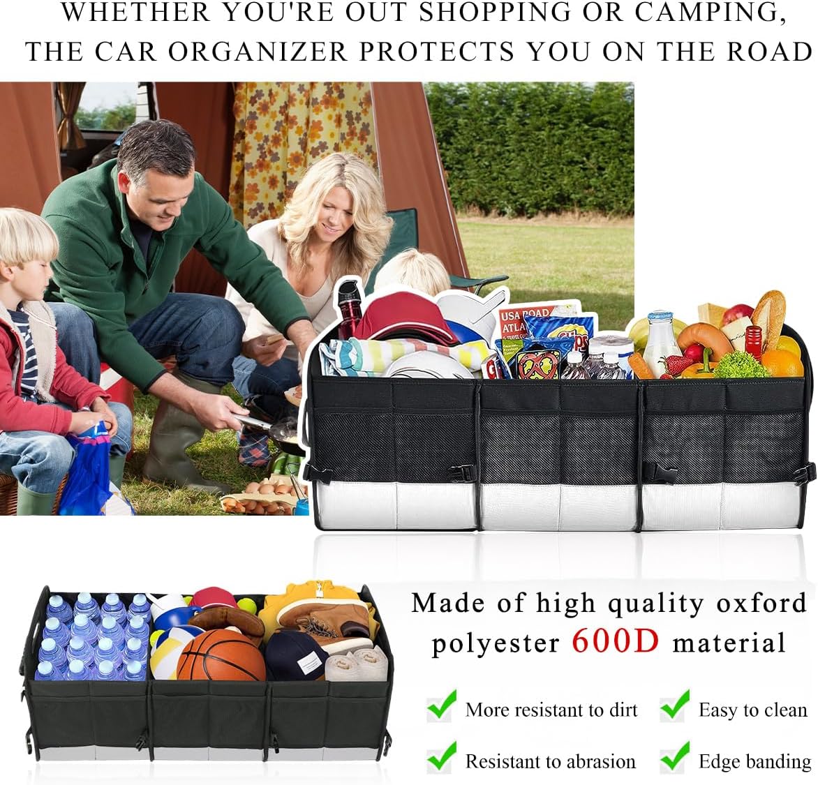 povtii Large Organizer for Car, 95L Stretchable Storage Trunk Organizer with Divided Compartments, Fixed Big Trunk Organizer with Handles & Adjustable Straps, Car Accessories (Black & Gray)