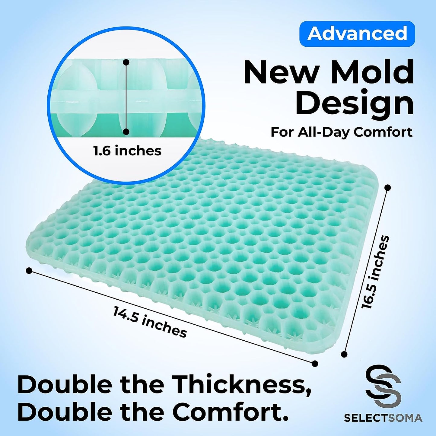 SelectSoma Mint Green Gel Seat Cushion for Long Sitting, Patent-Pending Mold Design, Double-Thick Pressure Relief for Tailbone, Sciatica, Coccyx & Back Pain - Office Chair, Car, Wheelchair, Truck