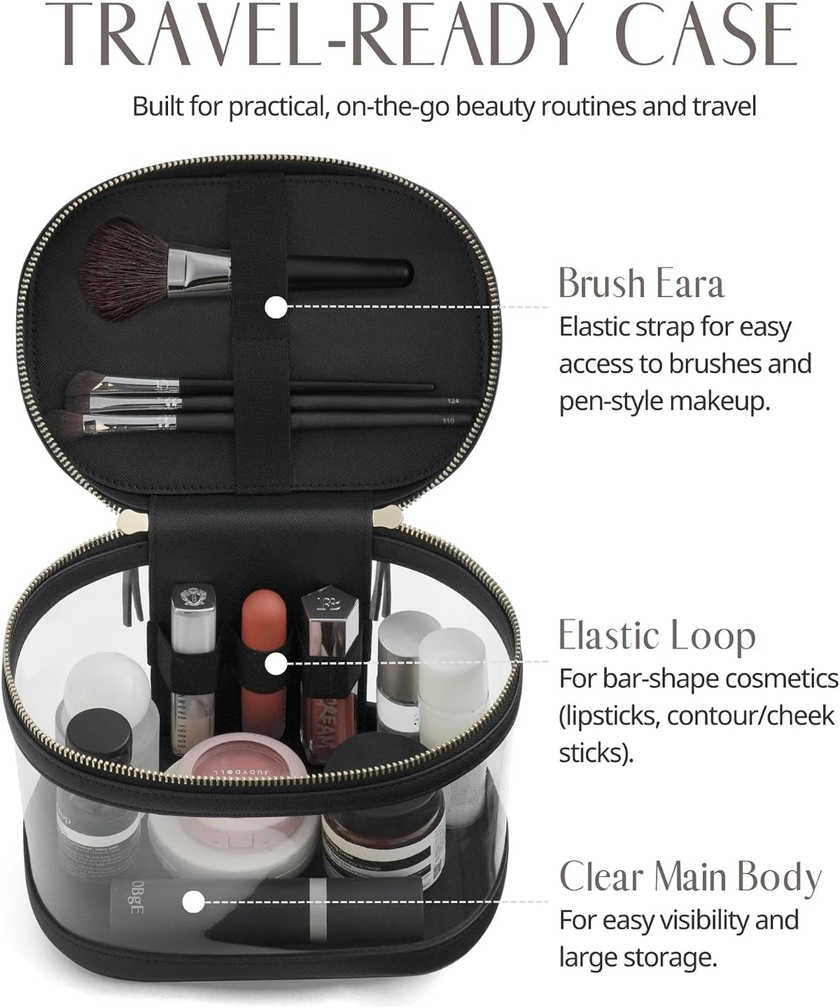 Popvibe Travel Makeup Bag Clear Compact Make Up Vanity Case with Brush Storage and Top Handle, Toiletry Makeup Case Traveling Leather Cosmetic Bag, Portable Medium Large Sized Train Case, Black
