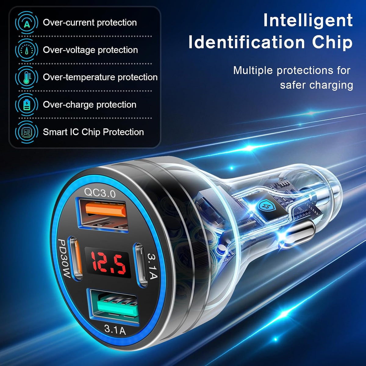 USB C Car Charger, 65W 4-Port Voltage Display Cigarette Lighter USB Charger