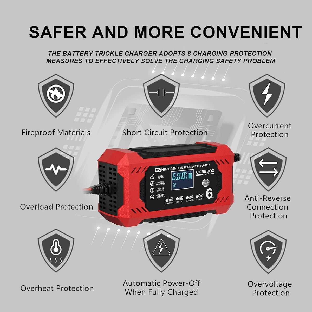 Corebox Battery Charger 6-Amp 12V Automatic Smart Battery Trickle Charger