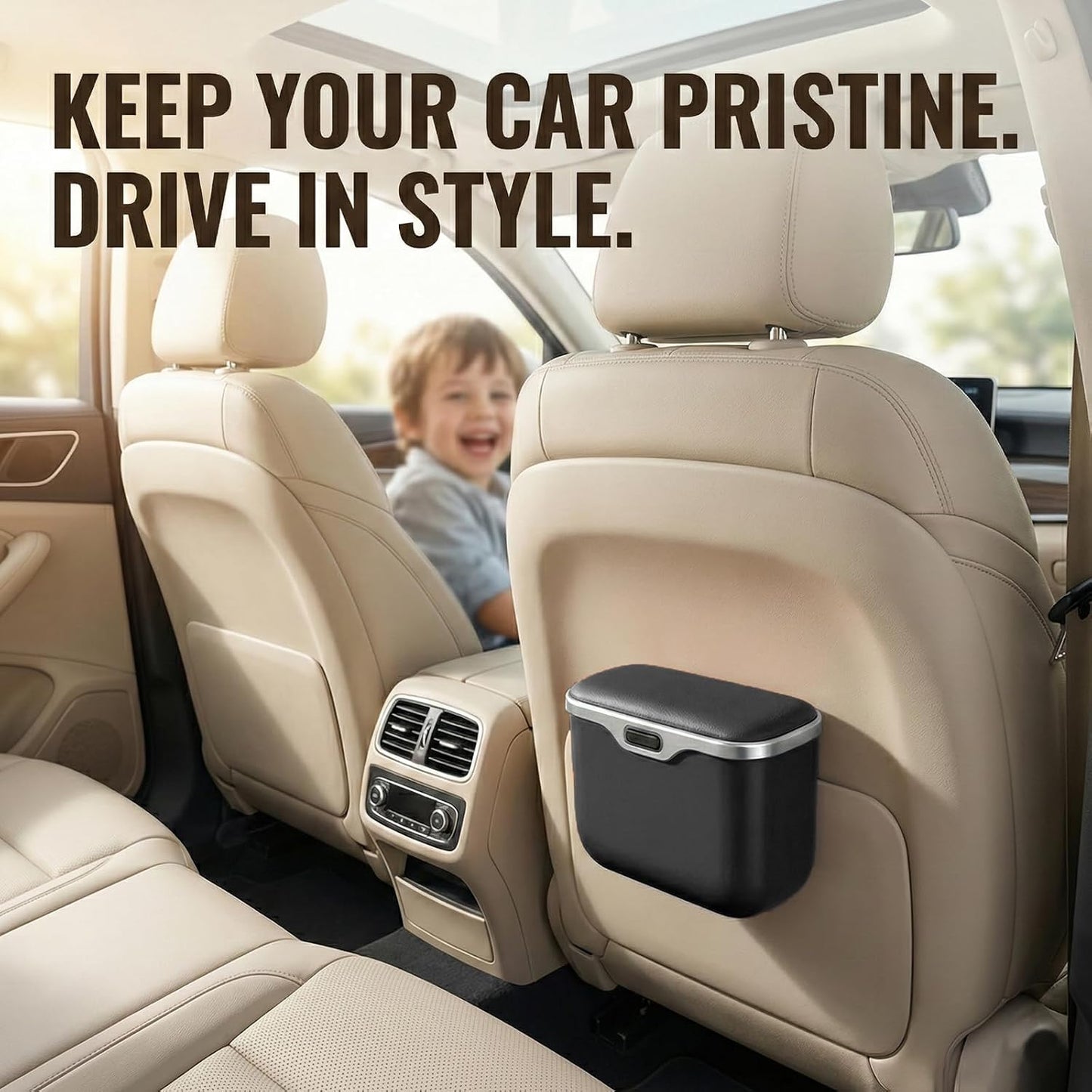 Car Trash Can with Lid - Leakproof Hanging Car Garbage Bin for Door & Seat Back - Waterproof Auto Trash Bag & Multifunctional Storage Organizer for SUV, Truck, Sedan (Black)