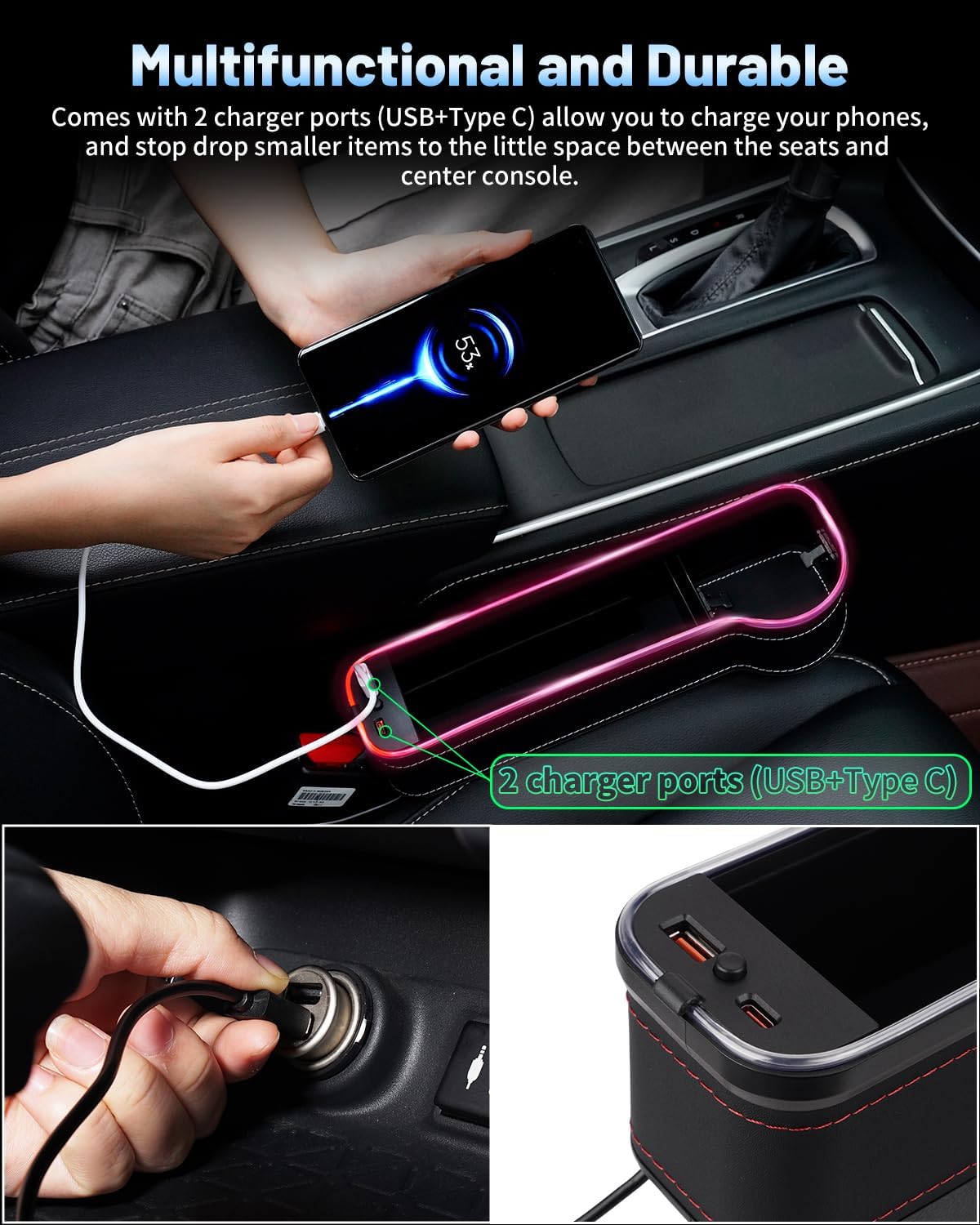 Shademax LED Car Seat Gap Filler Organizer Console Side Storage Box Between Seats with Cup Holders RGB Color Changing Storage Front Seat Gap Filler with USB Charging Car Interior Accessories (2 Pack)