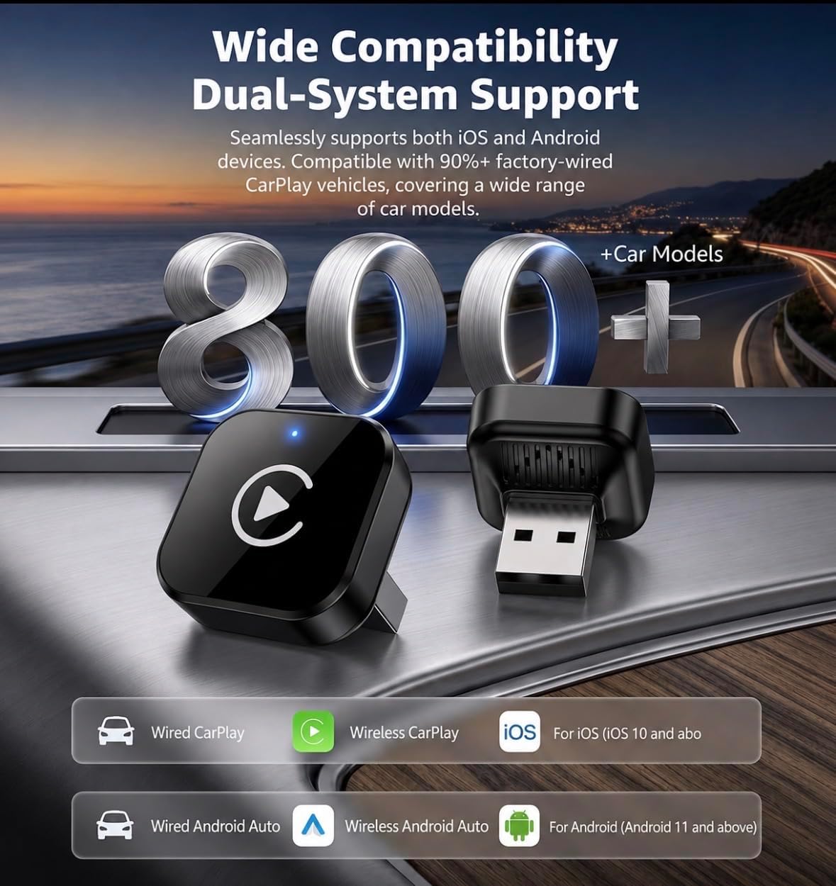 Wireless CarPlay & Android Auto Adapter, 2026 Plug & Play 2-in-1 USB/USB-C Car Dongle, Fast Bluetooth 5.4 & 5GHz WiFi Auto-Connect Wireless Converter for iPhone & Android (Dark Black)