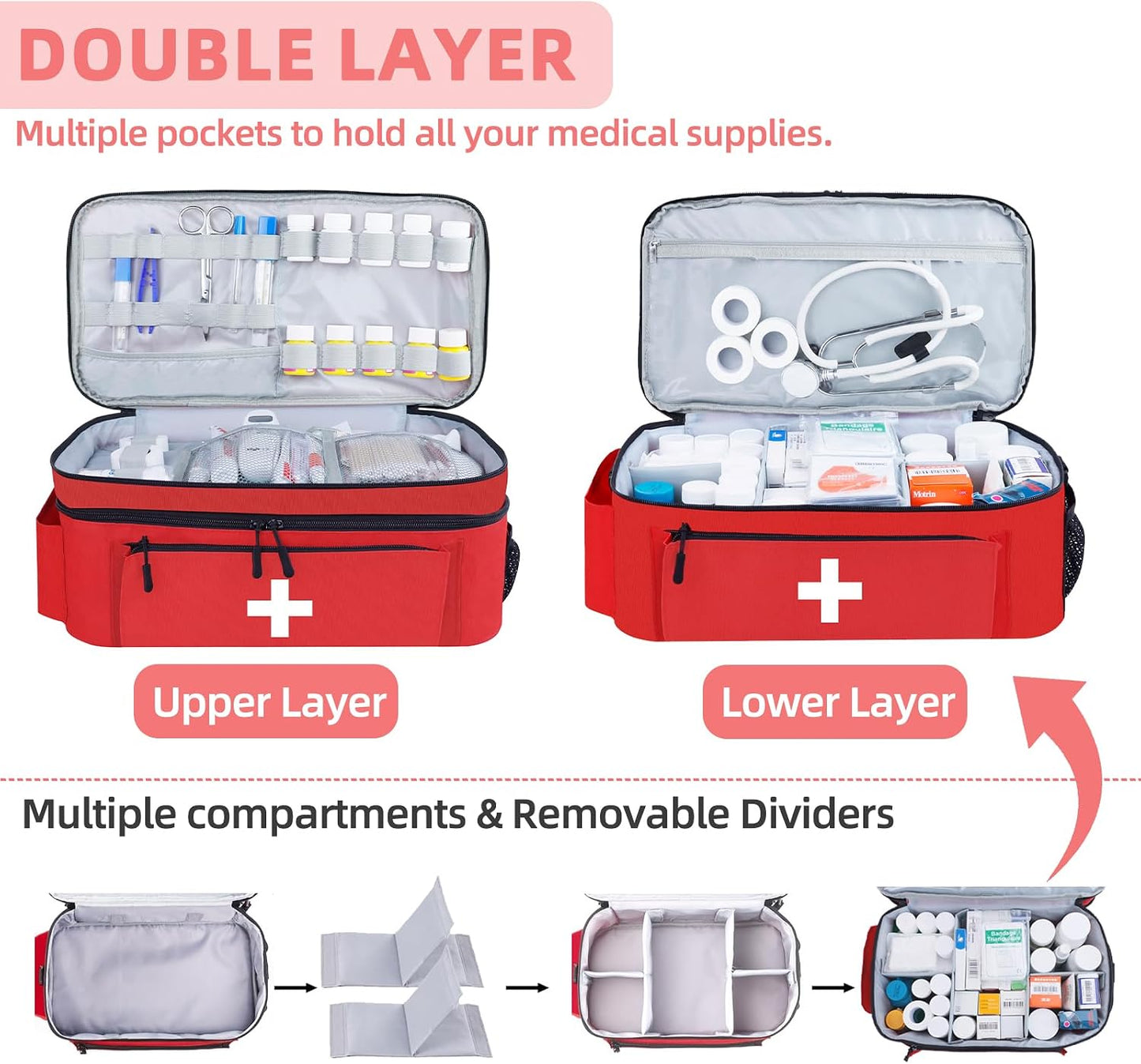 ALSLEA First Aid Bag Empty Large 2 Layer Medical Bag with Shoulder Strap 16”x 9½” x 7” Medicine Organizer Box Travel First Aid kit Emergency Supplies Storage Bag for Car, Home, Office, Outdoor (Red)