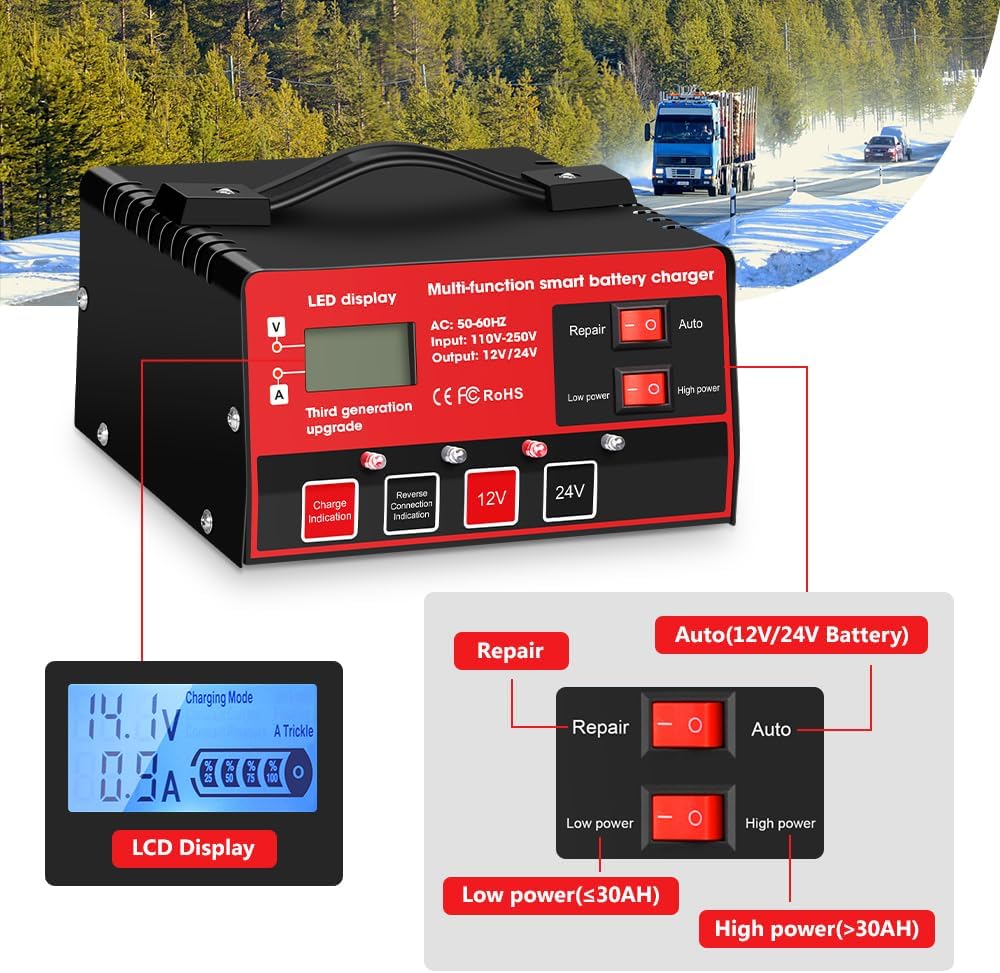 Car Battery Charger, Outerman 12V 24V Lead-Acid Battery Charger LCD Display Automatic Smart Battery Maintainer with Pulse Repair for Motorbike, Car, Boat, Lawn Mower (Red Black)