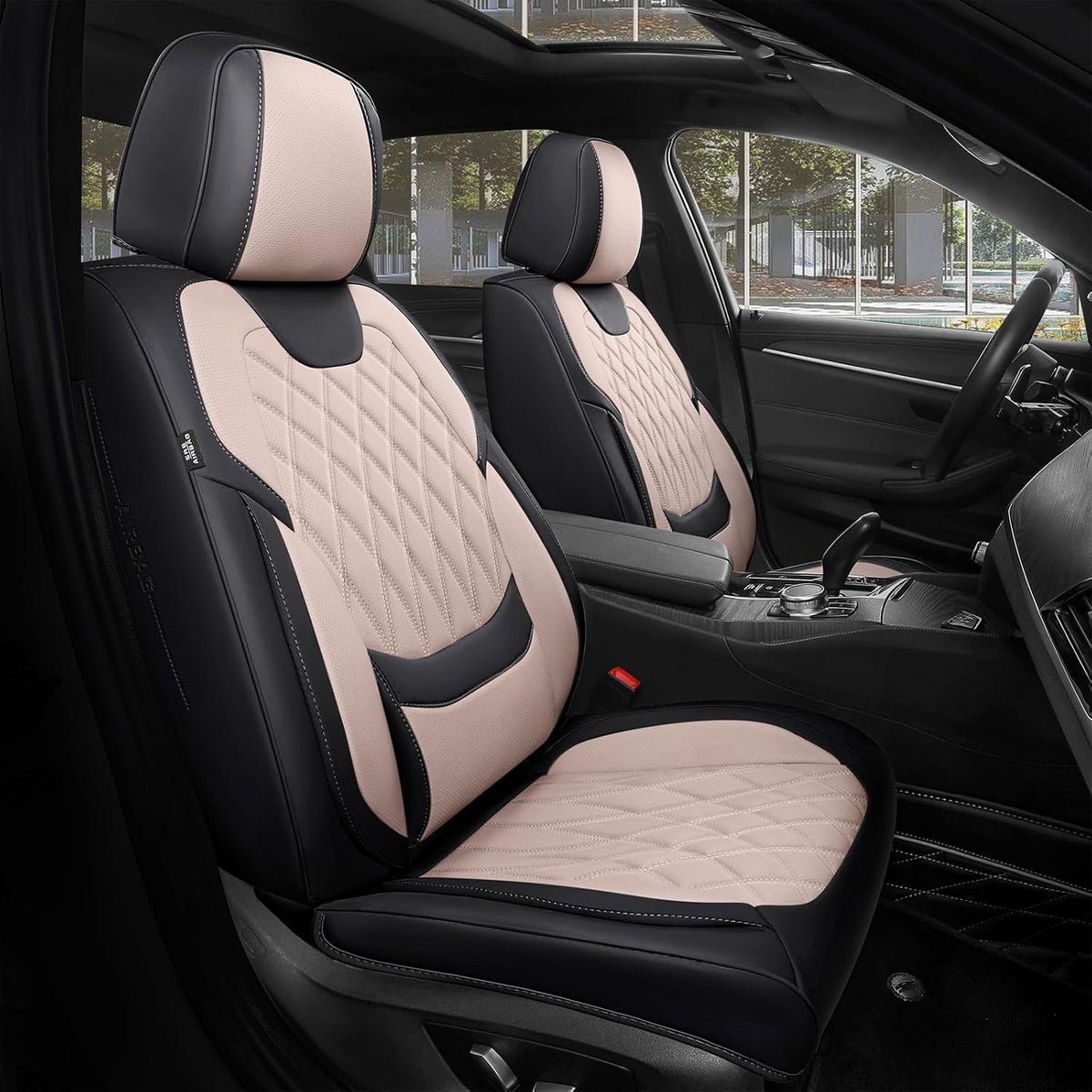 FREESOO Car Seat Covers Full Set Faux Leather Universal Fit Black Beige